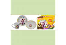 Набор фарфор 3 предмета Маша и Медведь акварель (миска 18см, тарелка 19см, кружка 240мл) Мфк