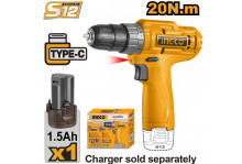 Дрель-шуруповёрт аккумуляторная 12В,  0-750 об.мин., крутящий момент 20 Нм, вес 1,0кг, Ingco