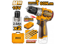 Дрель-шуруповёрт аккумуляторная 16 В, 0-550/2000 об.мин, крутящий момент 60 Нм, бесщеточная, 2 аккумулятора, кейс, Industrial Ingco