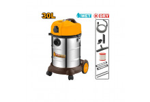 Пылесос строительный 1400 Вт, 30 л, 18 кПа, поток 1,9 куб/мин, корпус нержавеющая сталь, сухая/влажная уборка, Ingco