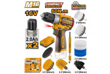 Дрель-шуруповёрт аккумуляторная 16 В, 0-550/2000 об.мин, крутящий момент 60 Нм, бесщеточная, 2 аккумулятора, кейс, Industrial Ingco