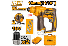 Перфоратор аккумуляторный 16 В, горизонтальный двигатель, 0-850 об.мин, 1,5 Дж, 0-5100 уд.мин, кейс, Ingco