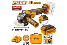 Шлифовальная машина угловая аккумуляторная 115/20 3000/6000/9000 об.мин., 20 В, бесщеточная, кейс, Ingco