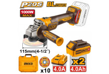 Шлифовальная машина угловая аккумуляторная 115/20 3000/6000/9000 об.мин., 20 В, бесщеточная, кейс, Ingco