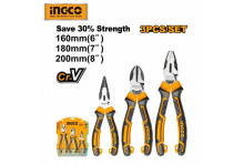 Набор плоскогубцев 3шт комбинированные двухкомпонентные рукоятки, CR-V сталь, Ingco