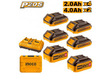 Аккумулятор литий-ионный набор 6шт (li-lon) 4х2 Ач, 2х4 Ач + зарядное устройство 20 В, кейс, Ingco