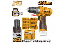 Дрель-шуруповёрт аккумуляторная 12В, 0-400/1500 об.мин, крутящий момент 20Нм, 2 аккумулятора, кейс, Ingco