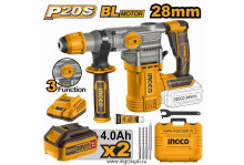 Перфоратор аккумуляторный 20 В, горизонтальный двигатель, 0-930 об.мин., 4,5 Дж, 0-4400 уд.мин., кейс, Ingco