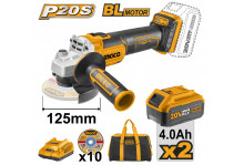 Шлифовальная машина угловая аккумуляторная 115/20 3000/8500 об.мин., 20 В, бесщеточная + фонарь 5 Вт, сумка, Ingco