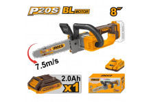 Пила цепная аккумуляторная 20 В, длина шины 200 мм, 8", цепь 32 шаг 3/8, аккумулятор 1х2 Ач, Ingco
